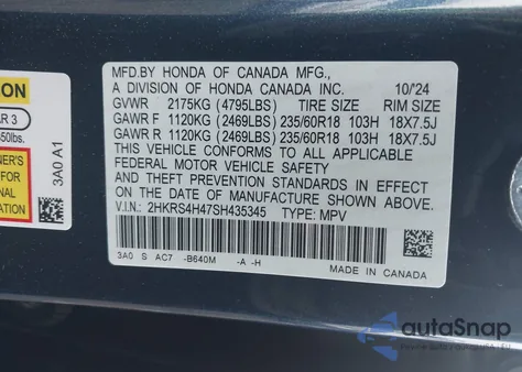 2025 Honda Cr-V Ex z USA, uszkodzony, nr VIN 2HKRS4H47SH435345